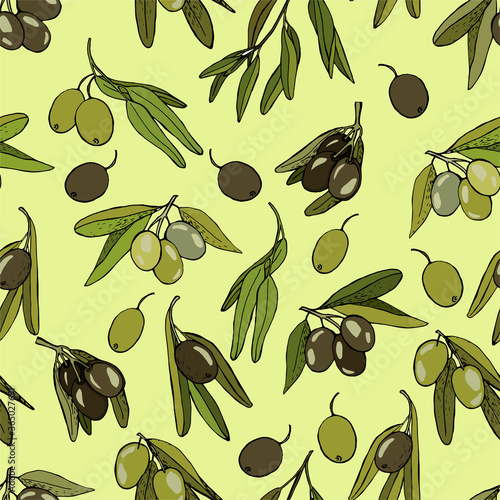 
Seamless pattern with colored olives.Vector flat illustration in doodle style. Print for textiles or packaging.