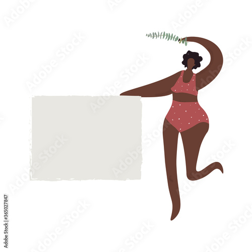 Young black woman feminist in underwear with a banner in her hands. Concept about body positive, feminism and equality. Girl power. Nice vector flat illustration in cartoon style with place for text.