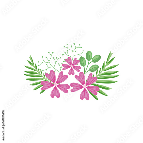 decorative pink flowers and green leaves, detailed style © Jeronimo Ramos