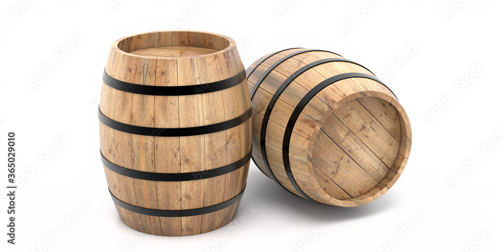 Wooden barrels isolated on white background 3d illustration