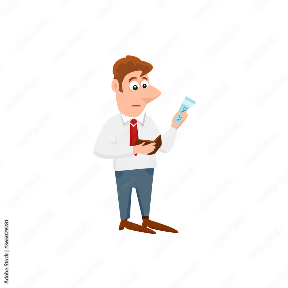Office worker looks at the money and thinks what to do. Office worker looks at the money and thinks what to do.