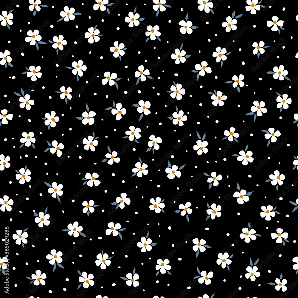 Floral pattern. Seamless vector illustration. Set of white flower and leaf on black background.