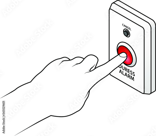 A wall-mounted duress alarm with a finger pushing the activation button.