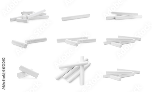 Set with pieces of chalk on white background