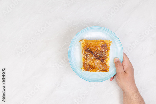 Serbian cheese pie Gibanica served on the plate photo