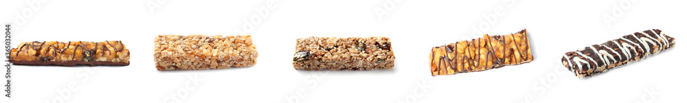 Set with different grain cereal bars on white background. Banner design Set with different grain cereal bars on white background. Banner design