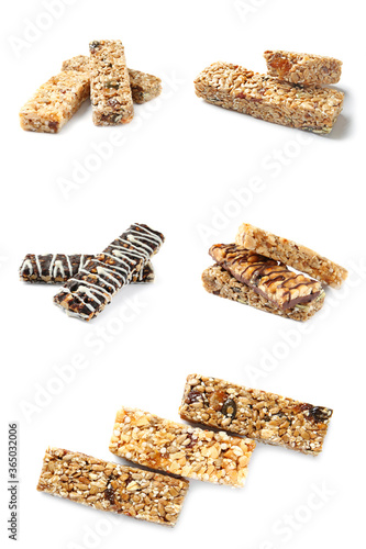 Set with different grain cereal bars on white background