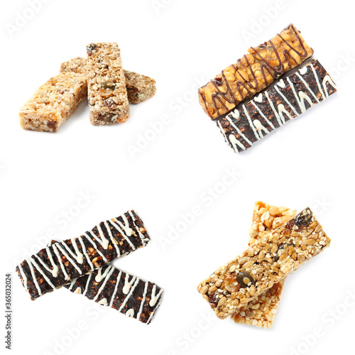 Set with different grain cereal bars on white background
