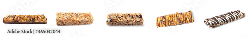 Set with different grain cereal bars on white background. Banner design