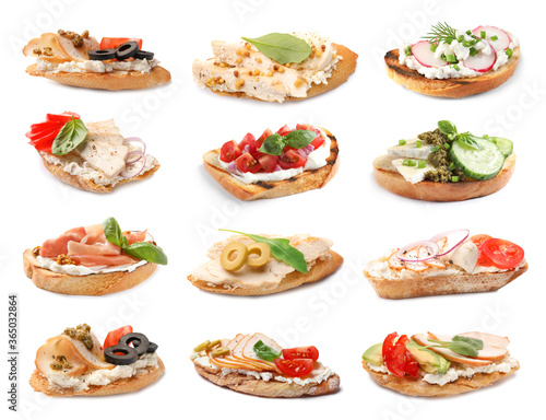 Set of toasted bread with different toppings on white background