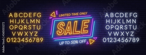 Sale neon sign on brick wall background . Special Offer banner.Neon alphabet on brick wall background. Template for a design.