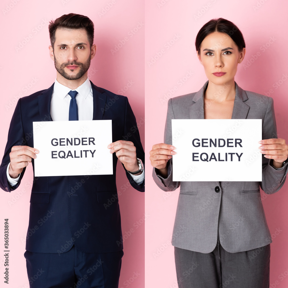 Φωτογραφία collage of businessman and businesswoman holding placards with gender equality l