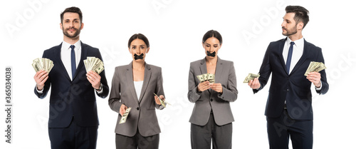 collage of businessman holding dollar banknotes near businesswoman with duct tape on mouth isolated on white, sexism concept