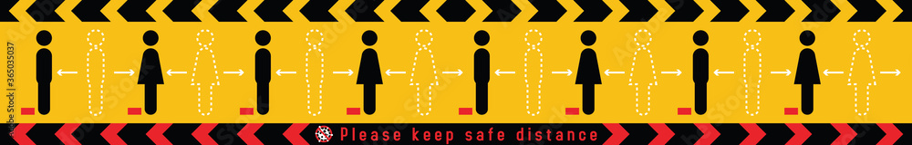 Please keep safe distance sign to help reduce the spread of covid-19 coronavirus concept. Respect physical distancing 6 feet or 2 meters floor sticker for stores and supermarkets. Vector illustration Please keep safe distance sign to help reduce the spread of covid-19 coronavirus concept. Respect physical distancing 6 feet or 2 meters floor sticker for stores and supermarkets. Vector illustration