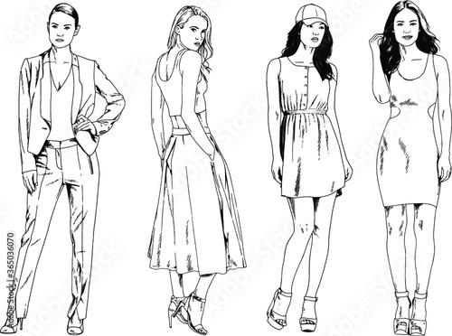 beautiful slim girl in casual clothes  drawn in ink by hand on a white background