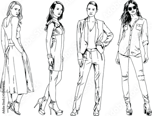 beautiful slim girl in casual clothes  drawn in ink by hand on a white background