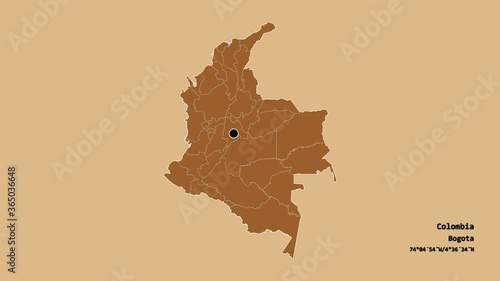 Bolívar, department of Colombia, with its capital, localized, outlined and zoomed with informative overlays on a solid patterned map in the Stereographic projection. Animation 3D photo