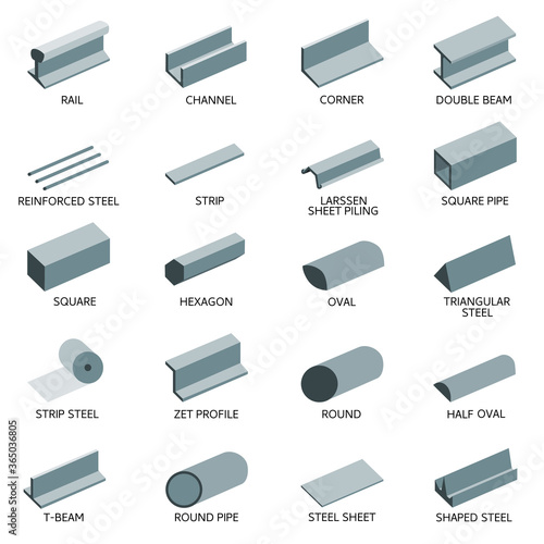 Vector Colored metal rolling icons Assortment in isometry Structural elements for metalwork Layers good separated