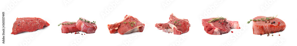 Set with raw meat on white background. Banner design