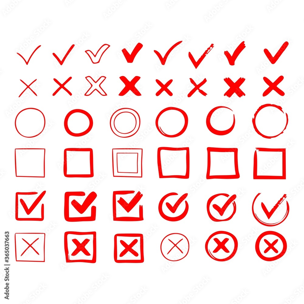 Set hand drawn check mark, tick and cross brush signs, checkmark OK and ...