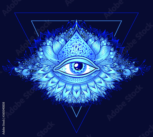 Abstract symbol of All-seeing Eye in Boho Eastern  Ethnic style blue on black for decoration T-shirt or for computer game. Concept magic occultism Esoteric
