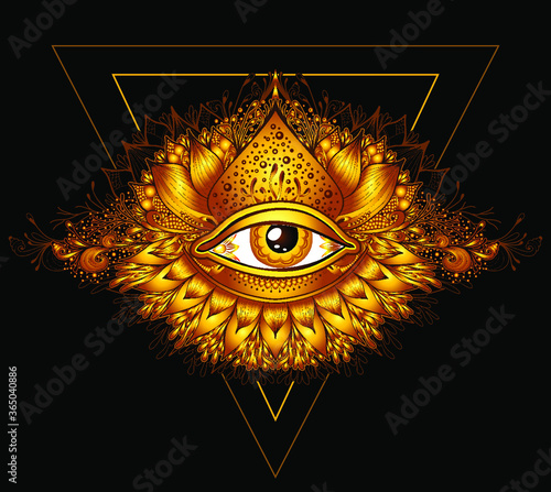 Abstract symbol of All-seeing Eye in Boho Eastern  Ethnic style gold on black for decoration T-shirt or for computer game. Concept magic occultism Esoteric