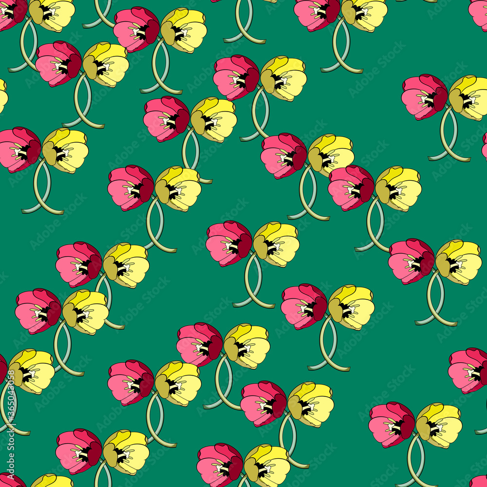 Seamless floral print of bright red-pink and yellow tulips on a green background.