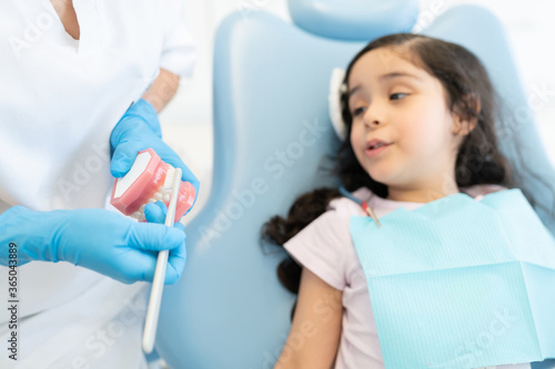 Dentist showing proper brushing technique