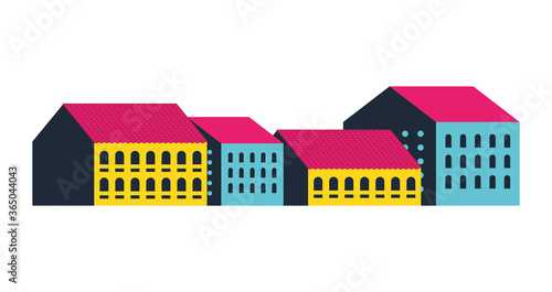 Yellow blue and pink city buildings design, Abstract geometric architecture and urban theme illustration