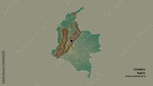 Guainía, commissiary of Colombia, with its capital, localized, outlined and zoomed with informative overlays on a relief map in the Stereographic projection. Animation 3D photo