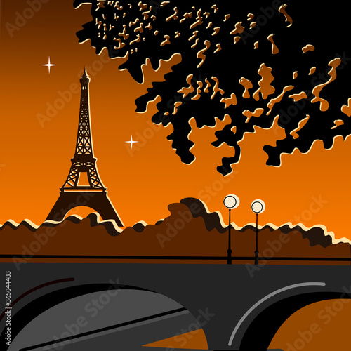 Sunset in Paris. Eifel tower. Vector illustration.