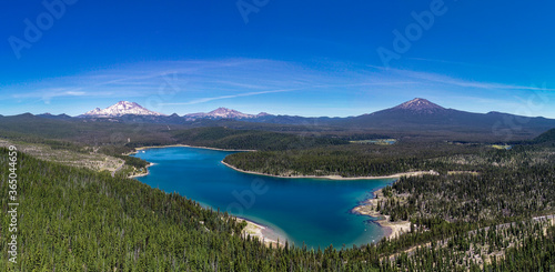 Aerial panorama of Elk Lake and Mount Bachelor near Bend, Oregon