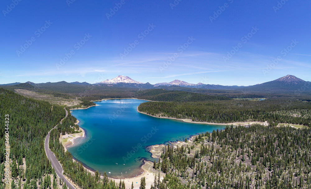 Aerial panorama of Elk Lake and South Sister Peak near Bend, Oregon