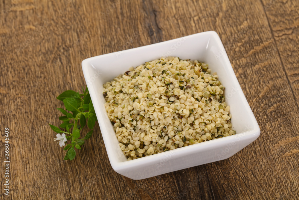 Peeled hemp seeds in the bowl Peeled hemp seeds in the bowl