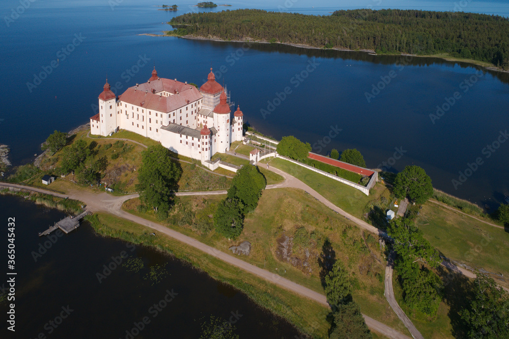Aerial view of the beautiful medieval Lacko castle located in Swedish province of Vastergotland.