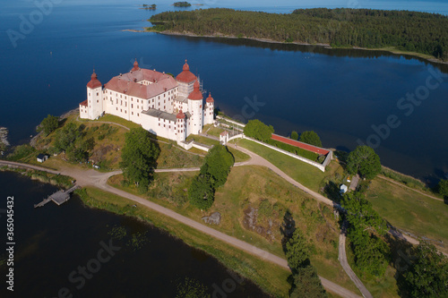 Aerial view of the beautiful medieval Lacko castle located in Swedish province of Vastergotland.