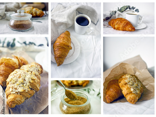 Breakfast with coffee and croissant photo collection. Fresh croissant and white cup of coffee on a light background, copy space. Photo collage with coffee and croissants