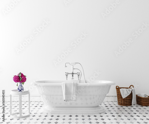 White cozy bathroom interior background, wall mockup, 3d render