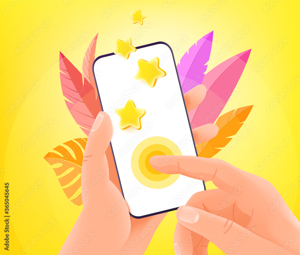 Fototapeta premium Social network reaction via smartphone. Man holding modern smartphone and tapping on the screen. Trendy style illustration