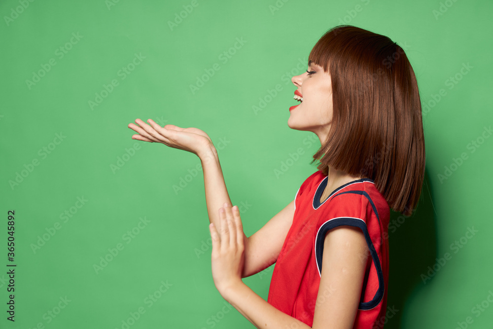 free place happy girl in a red shirt laughs free place happy girl in a red shirt laughs