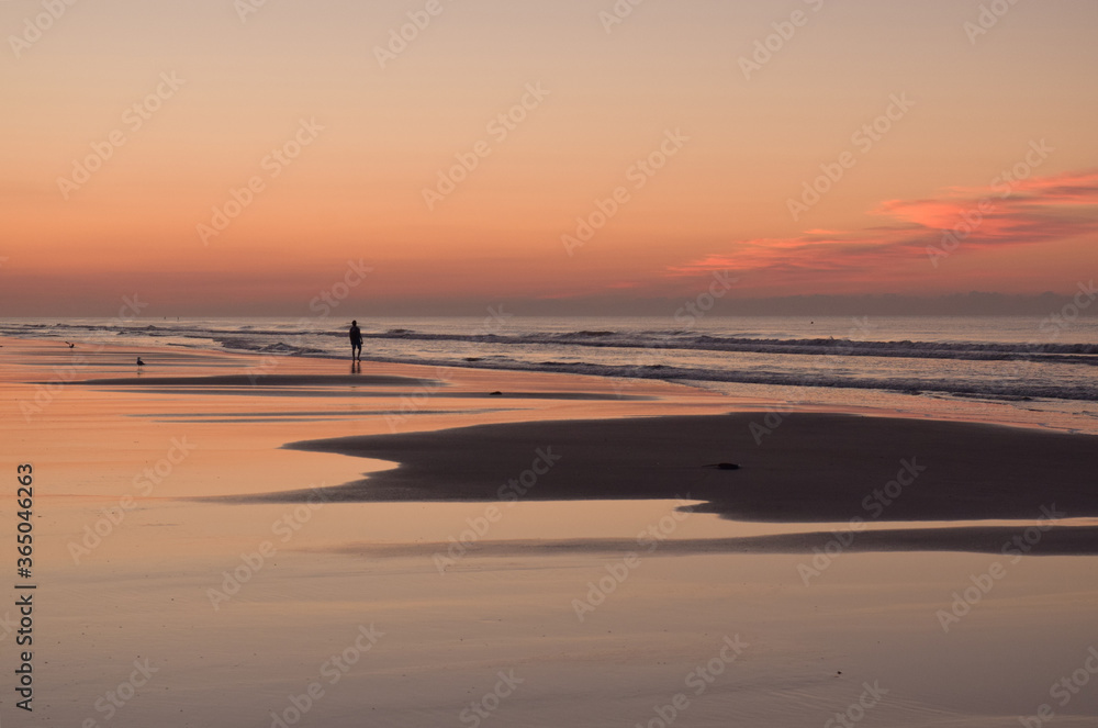 Naklejka premium Person Standing at Shoreline Watching Waves at Dawn Pre-Sunrise