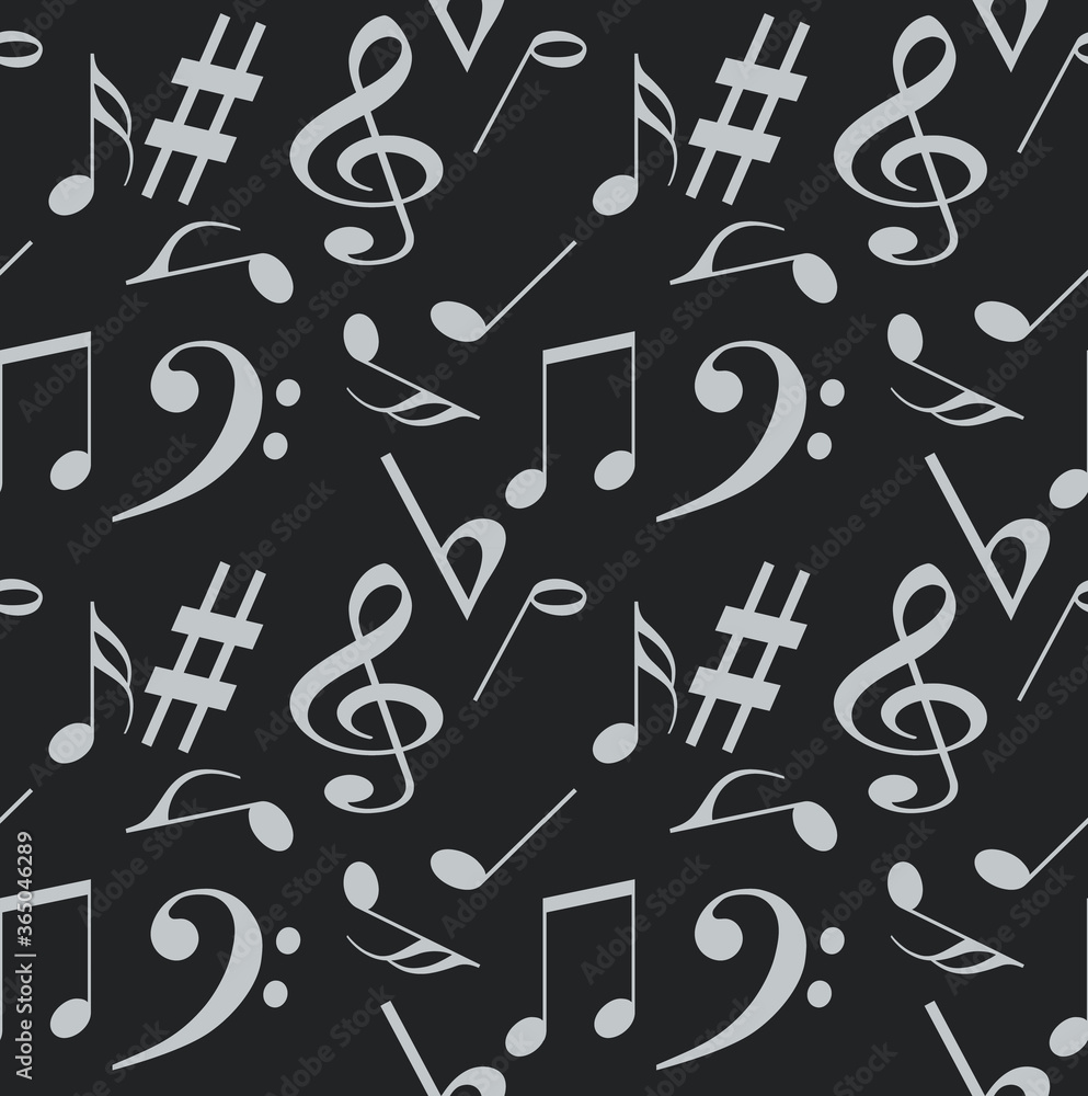 Gray musical notes on a black background. Simple seamless patterns of basic musical symbols for fashion prints, textiles, wrapping paper, bedding. Gray musical notes on a black background. Simple seamless patterns of basic musical symbols for fashion prints, textiles, wrapping paper, bedding.