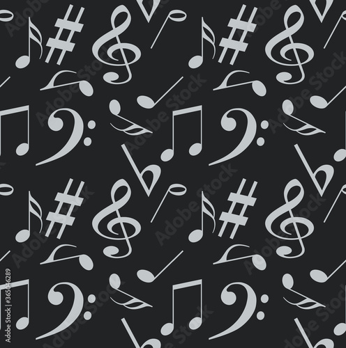 Gray musical notes on a black background. Simple seamless patterns of basic musical symbols for fashion prints, textiles, wrapping paper, bedding.