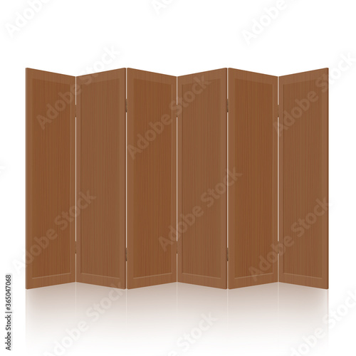 Wooden partition, room divider, folding screen - dark, textured, foldable, mobile, rustic, retro interior furniture. Isolated vector illustration on white background.
