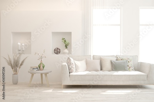 White living room with sofa. Scandinavian interior design. 3D illustration