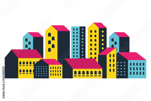 Yellow blue and pink city buildings design, Abstract geometric architecture and urban theme illustration