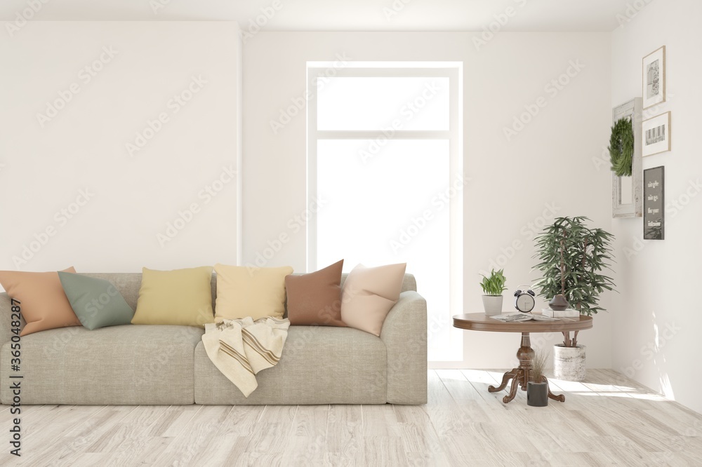 White living room with sofa. Scandinavian interior design. 3D illustration White living room with sofa. Scandinavian interior design. 3D illustration