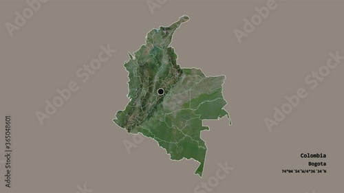 Putumayo, intendancy of Colombia, with its capital, localized, outlined and zoomed with informative overlays on a satellite map in the Stereographic projection. Animation 3D photo