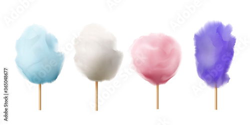 Cotton candy realistic set. Candyfloss on sticks. Spun sugar coloured confection. Children dessert, sweets.