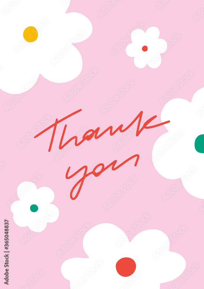 Simple thank you card with flat white flowers. Bold floral card design with handwriting on the pink background. Cropped with clipping mask Simple thank you card with flat white flowers. Bold floral card design with handwriting on the pink background. Cropped with clipping mask